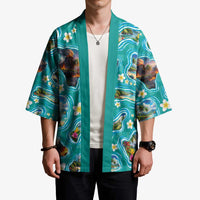 Hawaii Map with Plumeria Flower and Palaka Pattern Kimono Tropical Island Teal Design