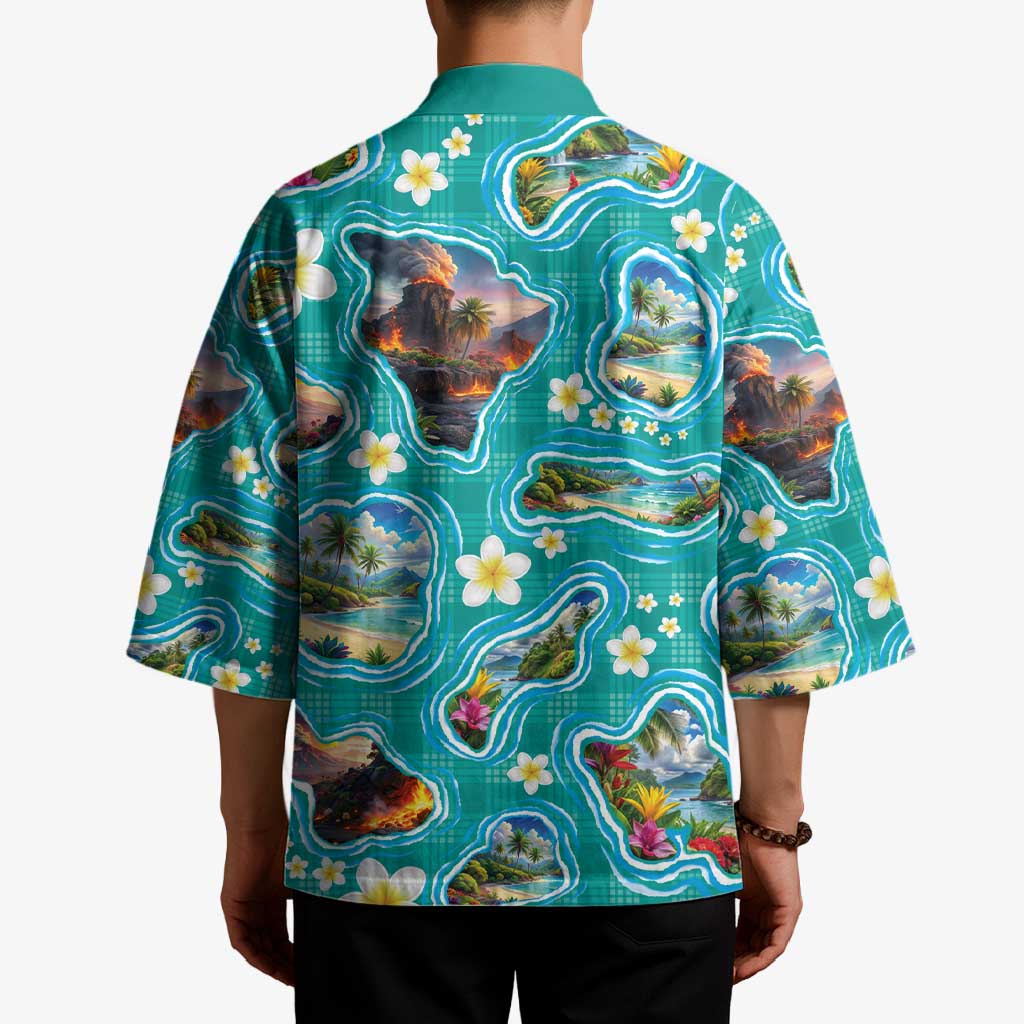 Hawaii Map with Plumeria Flower and Palaka Pattern Kimono Tropical Island Teal Design