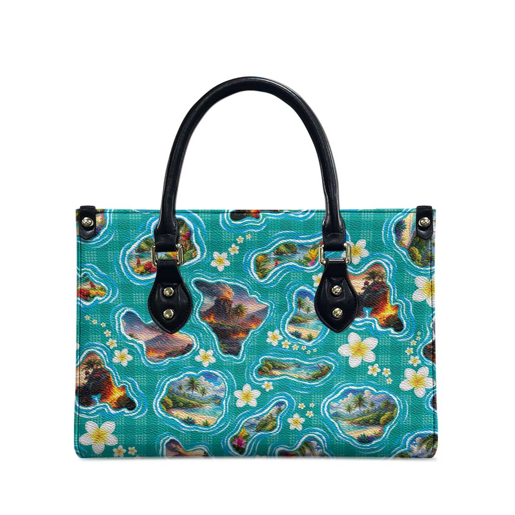 Hawaii Map with Plumeria Flower and Palaka Pattern Leather Bag Tropical Island Teal Design