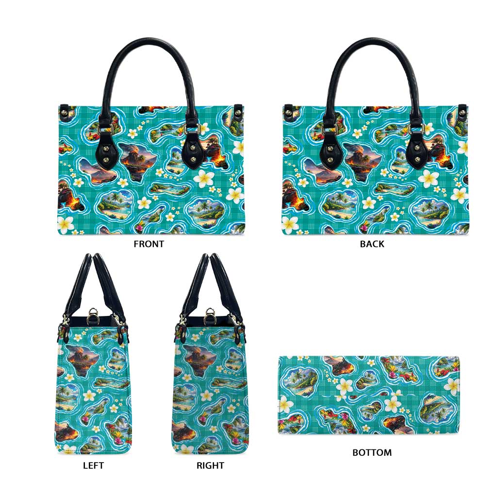 Hawaii Map with Plumeria Flower and Palaka Pattern Leather Bag Tropical Island Teal Design