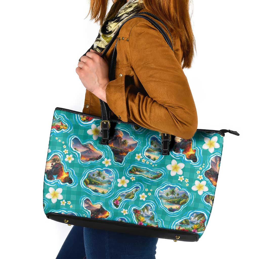 Hawaii Map with Plumeria Flower and Palaka Pattern Leather Tote Bag Tropical Island Teal Design