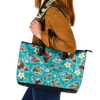 Hawaii Map with Plumeria Flower and Palaka Pattern Leather Tote Bag Tropical Island Teal Design