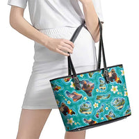 Hawaii Map with Plumeria Flower and Palaka Pattern Leather Tote Bag Tropical Island Teal Design