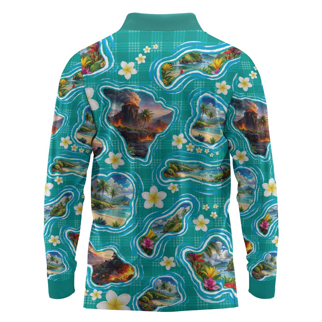 Hawaii Map with Plumeria Flower and Palaka Pattern Long Sleeve Polo Shirt Tropical Island Teal Design