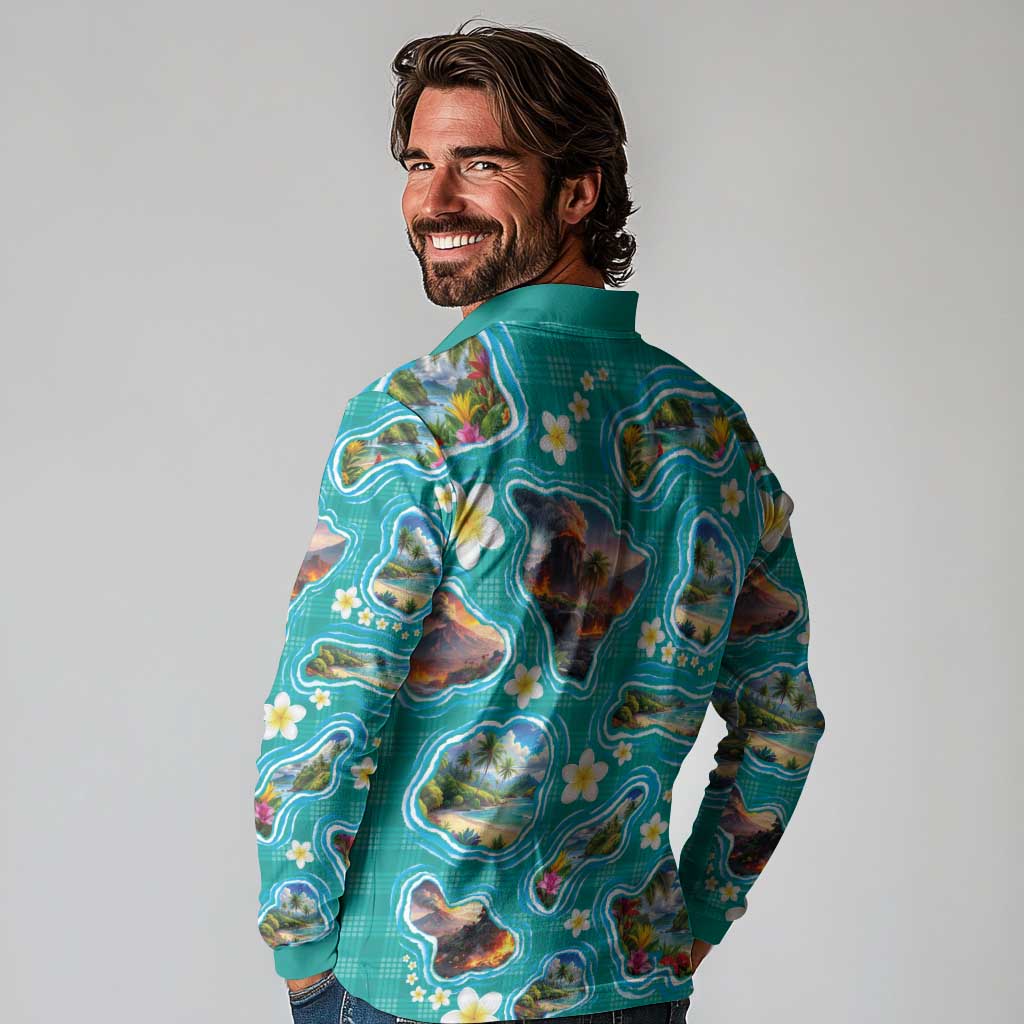 Hawaii Map with Plumeria Flower and Palaka Pattern Long Sleeve Polo Shirt Tropical Island Teal Design