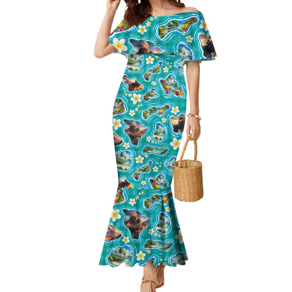 Hawaii Map with Plumeria Flower and Palaka Pattern Mermaid Dress Tropical Island Teal Design