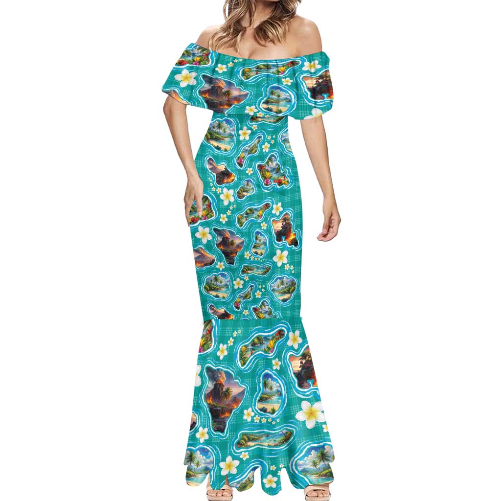 Hawaii Map with Plumeria Flower and Palaka Pattern Mermaid Dress Tropical Island Teal Design