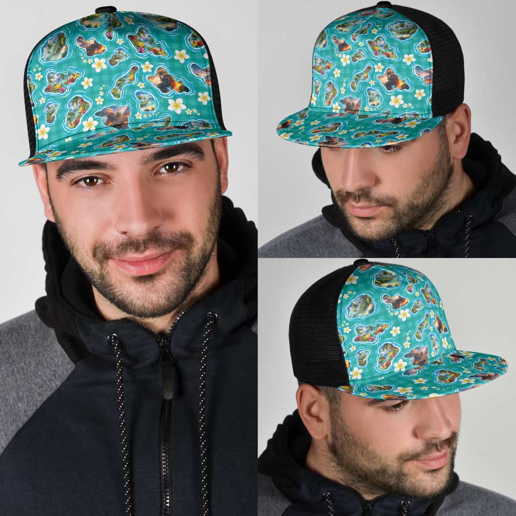 Hawaii Map with Plumeria Flower and Palaka Pattern Mesh Trucker Cap Tropical Island Teal Design