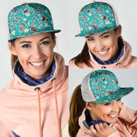 Hawaii Map with Plumeria Flower and Palaka Pattern Mesh Trucker Cap Tropical Island Teal Design