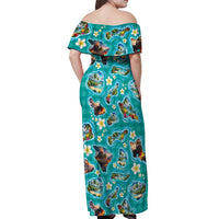 Hawaii Map with Plumeria Flower and Palaka Pattern Off Shoulder Maxi Dress Tropical Island Teal Design