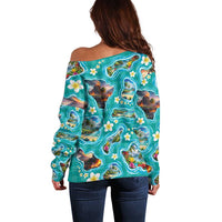 Hawaii Map with Plumeria Flower and Palaka Pattern Off Shoulder Sweater Tropical Island Teal Design