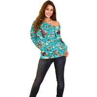 Hawaii Map with Plumeria Flower and Palaka Pattern Off Shoulder Sweater Tropical Island Teal Design