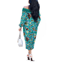 Hawaii Map with Plumeria Flower and Palaka Pattern Off The Shoulder Long Sleeve Dress Tropical Island Teal Design