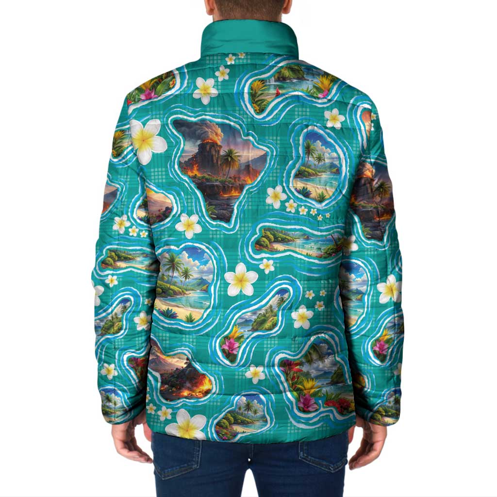 Hawaii Map with Plumeria Flower and Palaka Pattern Padded Jacket Tropical Island Teal Design