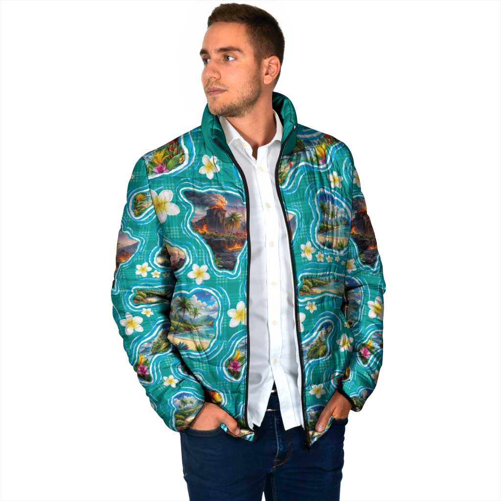 Hawaii Map with Plumeria Flower and Palaka Pattern Padded Jacket Tropical Island Teal Design