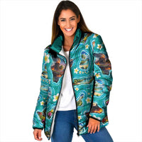 Hawaii Map with Plumeria Flower and Palaka Pattern Padded Jacket Tropical Island Teal Design
