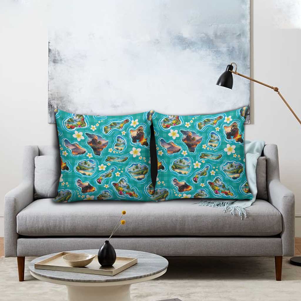 Hawaii Map with Plumeria Flower and Palaka Pattern Pillow Cover Tropical Island Teal Design