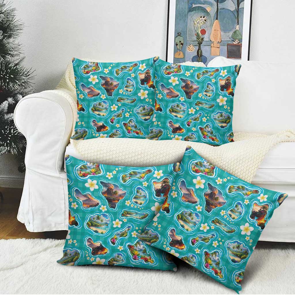 Hawaii Map with Plumeria Flower and Palaka Pattern Pillow Cover Tropical Island Teal Design