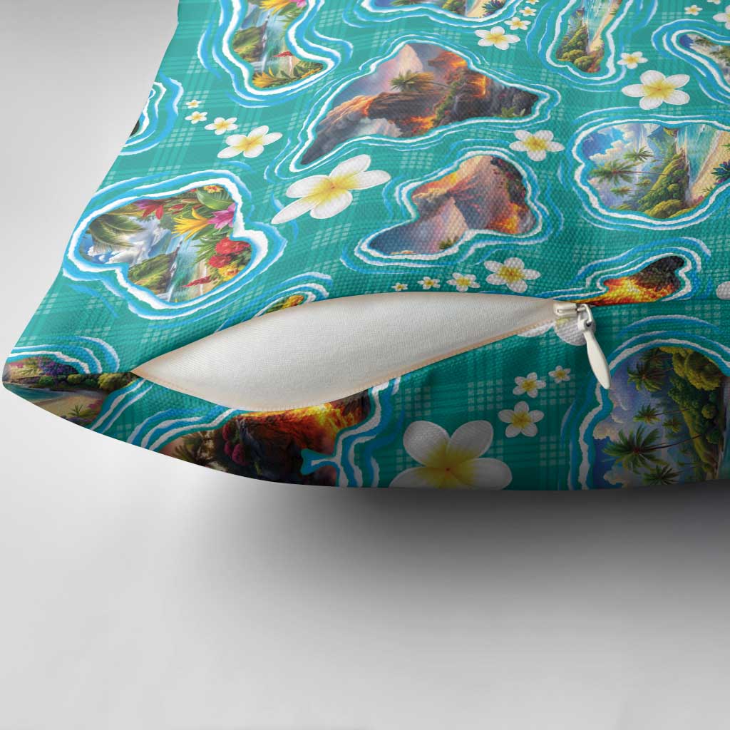 Hawaii Map with Plumeria Flower and Palaka Pattern Pillow Cover Tropical Island Teal Design