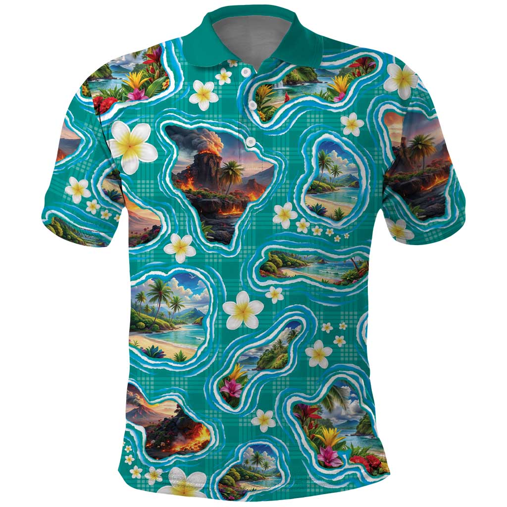 Hawaii Map with Plumeria Flower and Palaka Pattern Polo Shirt Tropical Island Teal Design
