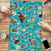 Hawaii Map with Plumeria Flower and Palaka Pattern Puzzle Tropical Island Teal Design