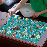 Hawaii Map with Plumeria Flower and Palaka Pattern Puzzle Tropical Island Teal Design