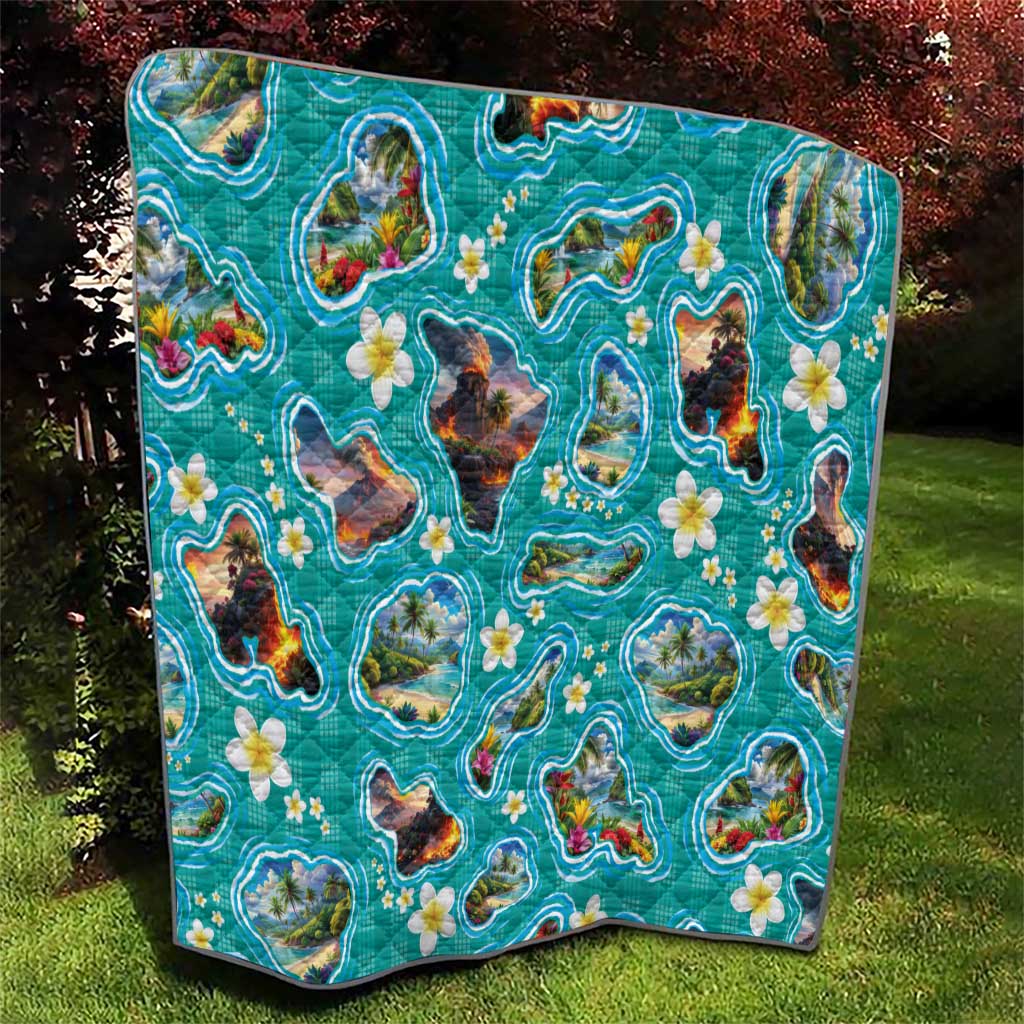 Hawaii Map with Plumeria Flower and Palaka Pattern Quilt Tropical Island Teal Design