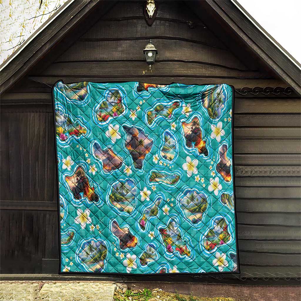 Hawaii Map with Plumeria Flower and Palaka Pattern Quilt Tropical Island Teal Design