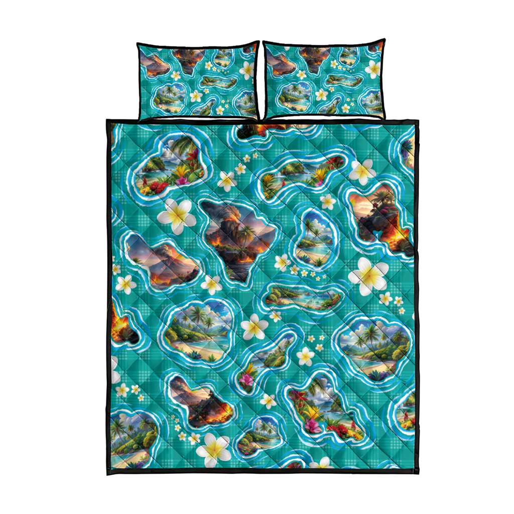 Hawaii Map with Plumeria Flower and Palaka Pattern Quilt Bed Set Tropical Island Teal Design