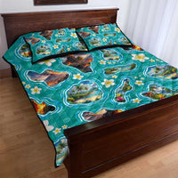 Hawaii Map with Plumeria Flower and Palaka Pattern Quilt Bed Set Tropical Island Teal Design