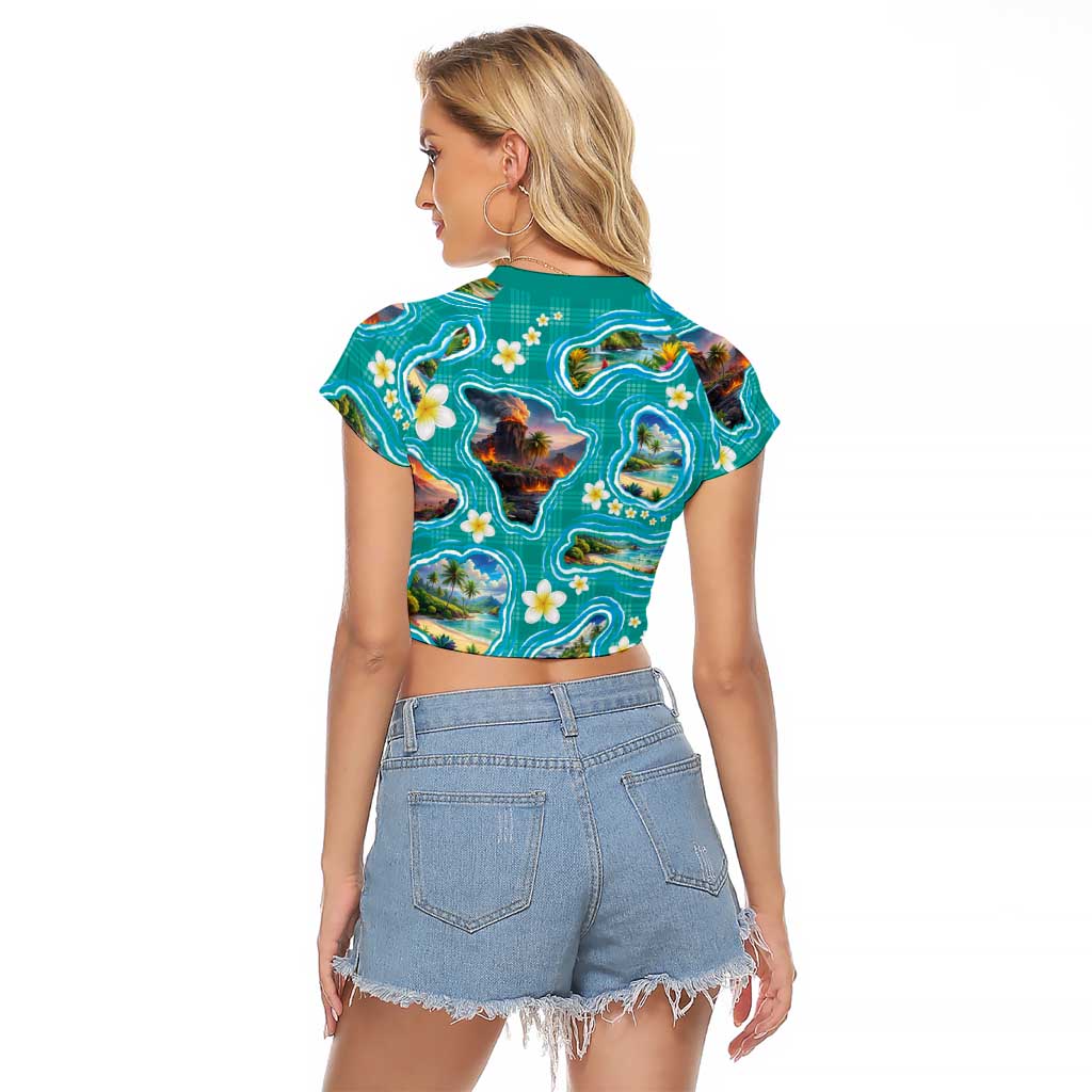 Hawaii Map with Plumeria Flower and Palaka Pattern Raglan Cropped T Shirt Tropical Island Teal Design
