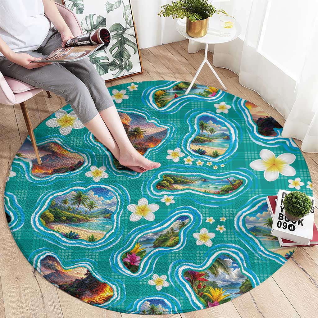 Hawaii Map with Plumeria Flower and Palaka Pattern Round Carpet Tropical Island Teal Design