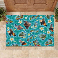 Hawaii Map with Plumeria Flower and Palaka Pattern Rubber Doormat Tropical Island Teal Design