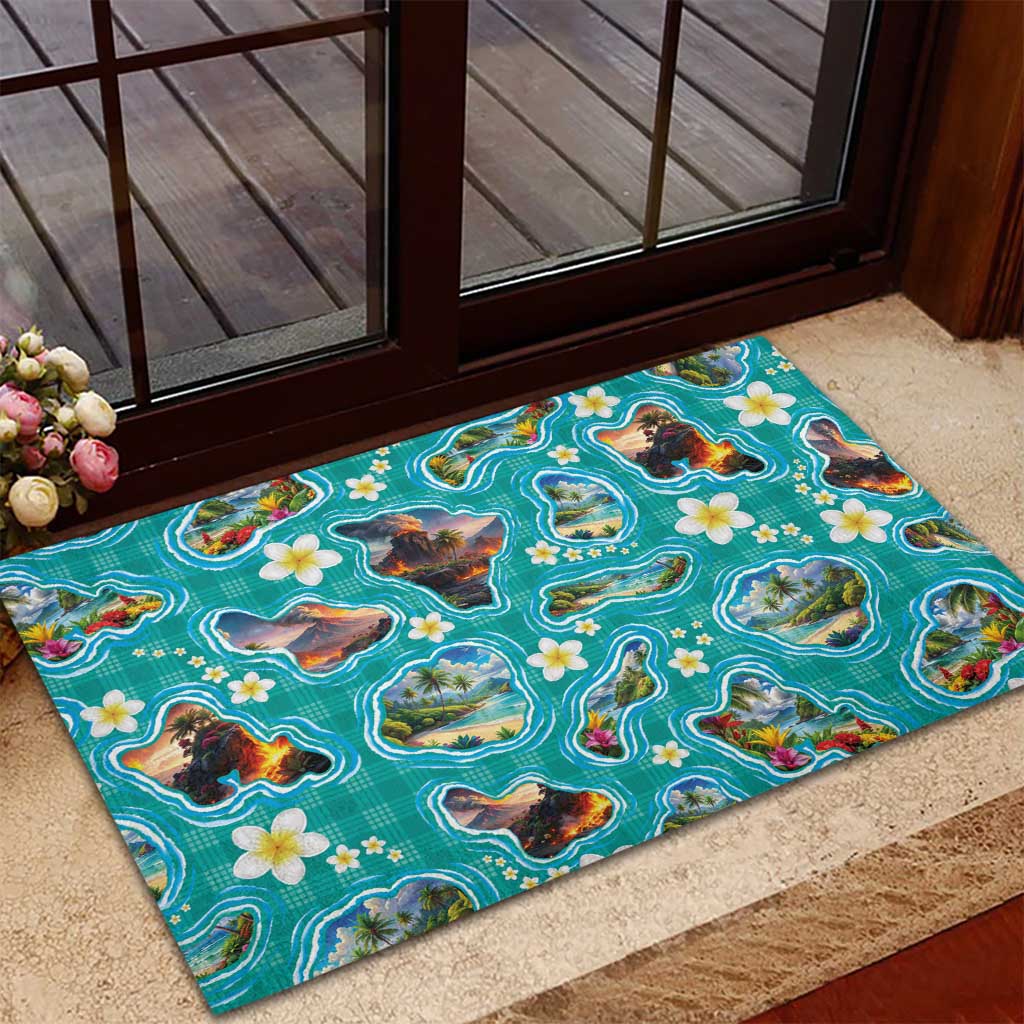 Hawaii Map with Plumeria Flower and Palaka Pattern Rubber Doormat Tropical Island Teal Design