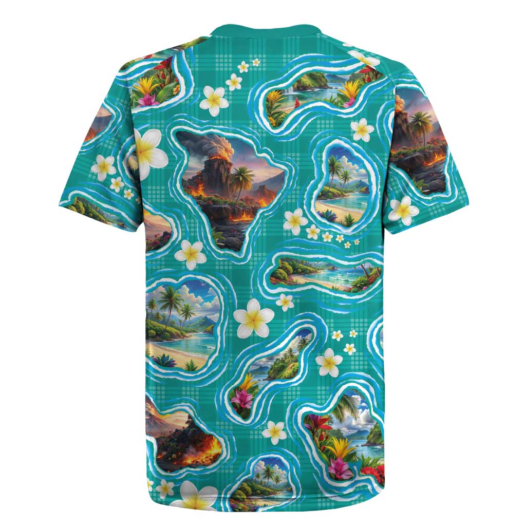 Hawaii Map with Plumeria Flower and Palaka Pattern Rugby Jersey Tropical Island Teal Design