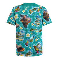 Hawaii Map with Plumeria Flower and Palaka Pattern Rugby Jersey Tropical Island Teal Design
