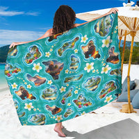 Hawaii Map with Plumeria Flower and Palaka Pattern Sarong Tropical Island Teal Design