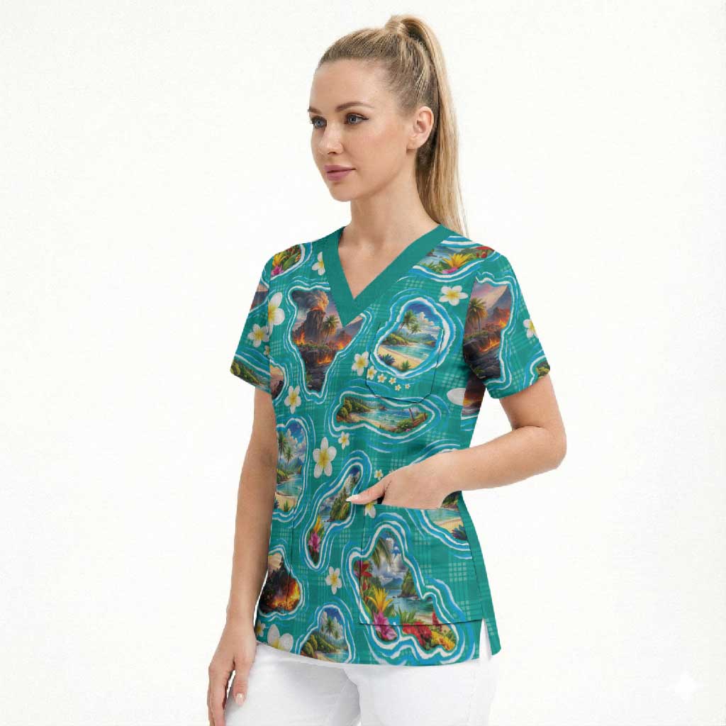 Hawaii Map with Plumeria Flower and Palaka Pattern Scrub Top Tropical Island Teal Design