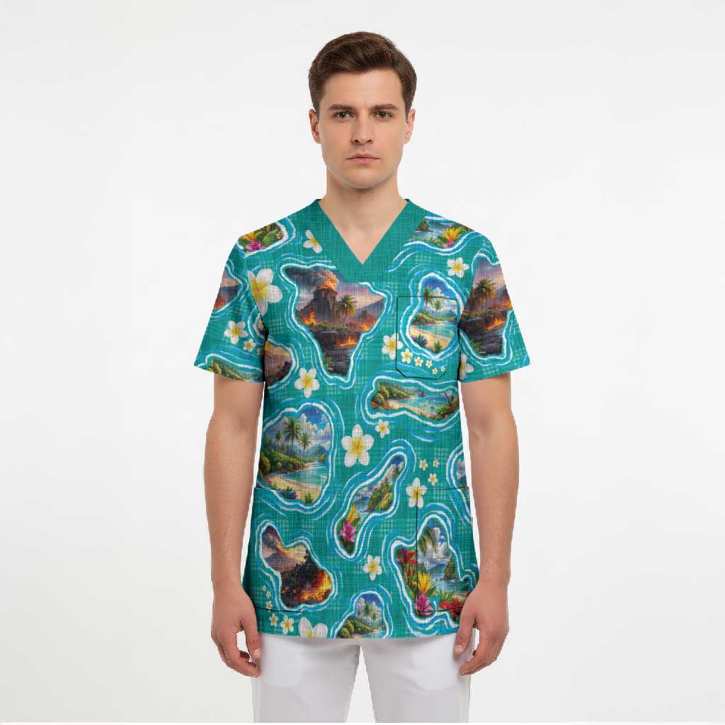 Hawaii Map with Plumeria Flower and Palaka Pattern Scrub Top Tropical Island Teal Design