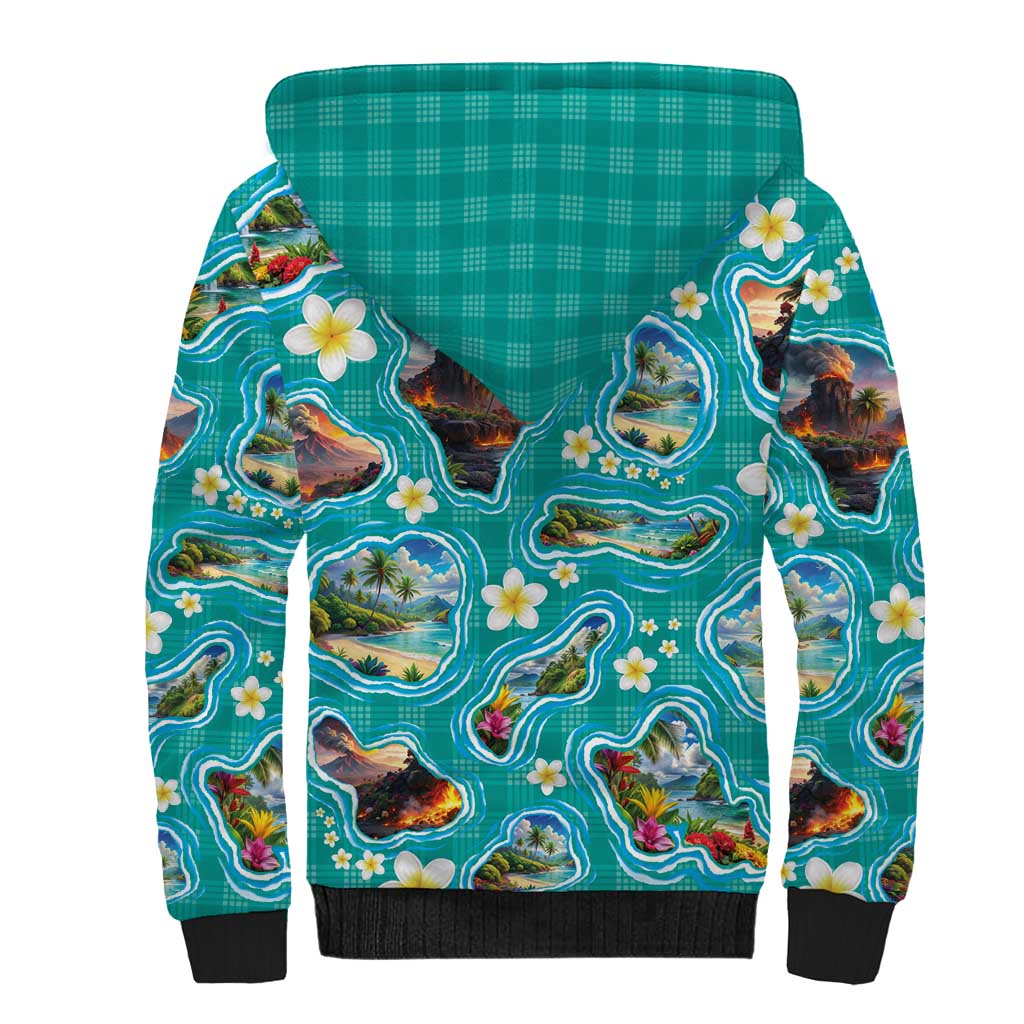 Hawaii Map with Plumeria Flower and Palaka Pattern Sherpa Hoodie Tropical Island Teal Design