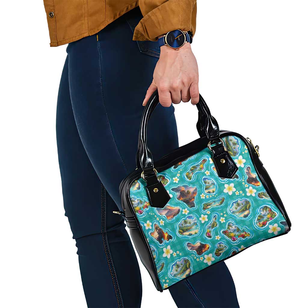 Hawaii Map with Plumeria Flower and Palaka Pattern Shoulder Handbag Tropical Island Teal Design