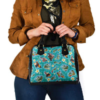 Hawaii Map with Plumeria Flower and Palaka Pattern Shoulder Handbag Tropical Island Teal Design