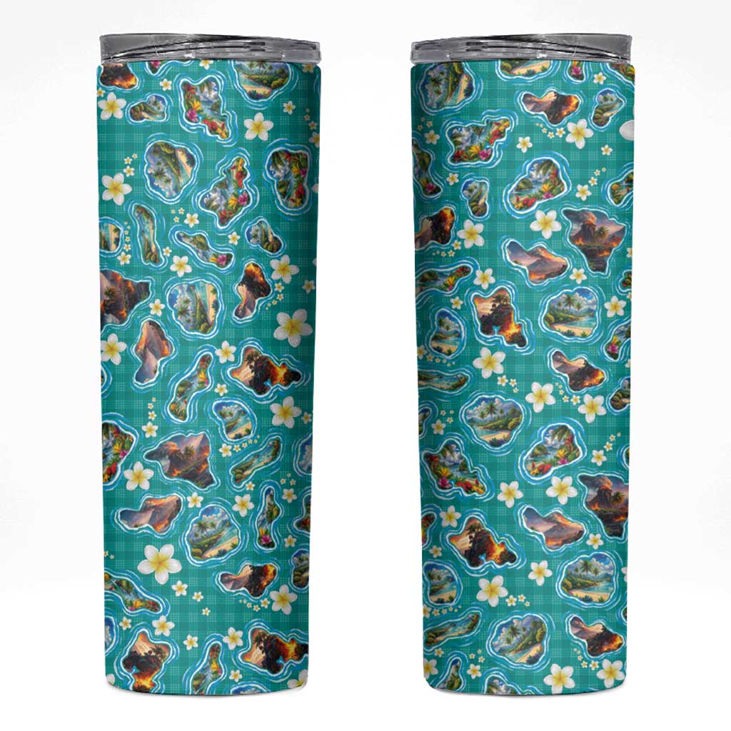 Hawaii Map with Plumeria Flower and Palaka Pattern Skinny Tumbler Tropical Island Teal Design