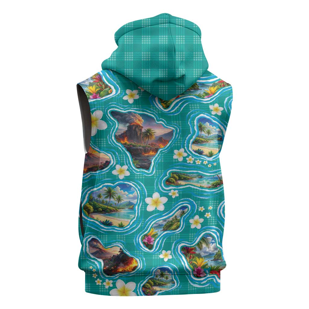 Hawaii Map with Plumeria Flower and Palaka Pattern Sleeveless Hoodie Tropical Island Teal Design