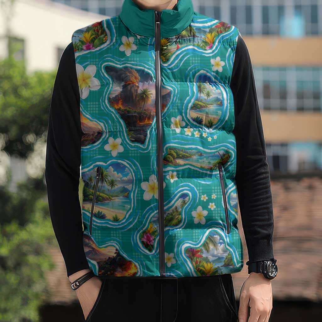 Hawaii Map with Plumeria Flower and Palaka Pattern Sleeveless Puffer Jacket Tropical Island Teal Design