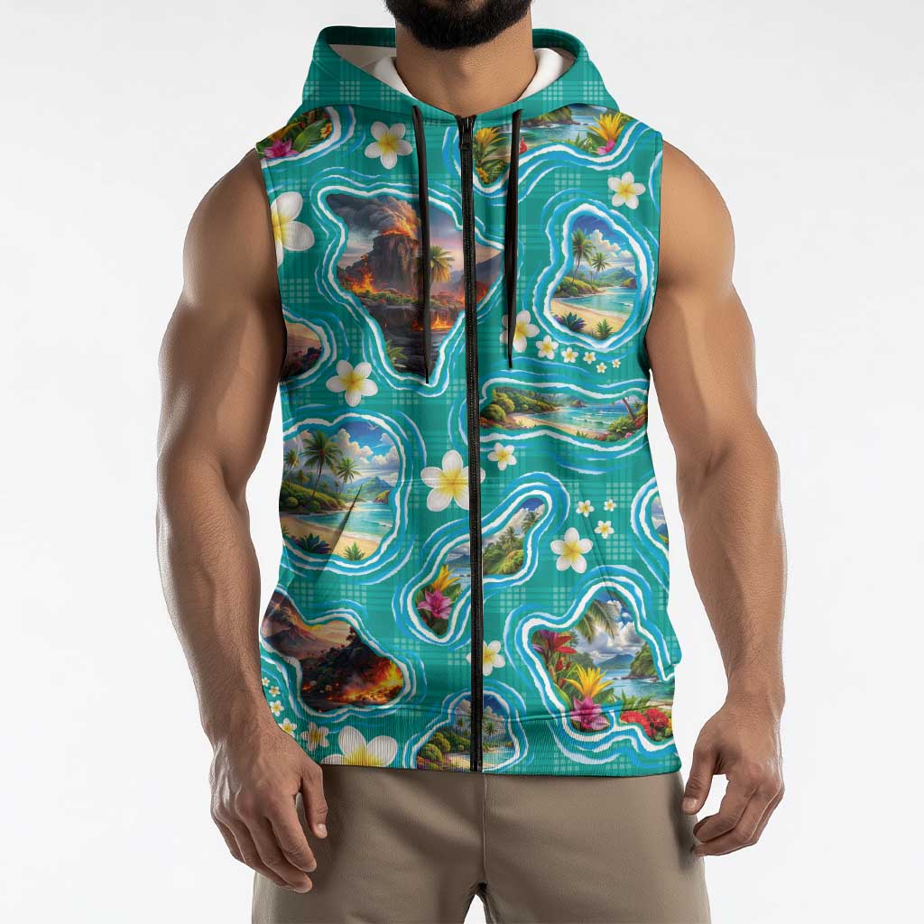 Hawaii Map with Plumeria Flower and Palaka Pattern Sleeveless Zip Hoodie Tropical Island Teal Design