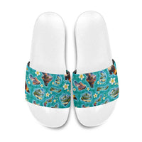 Hawaii Map with Plumeria Flower and Palaka Pattern Slide Sandals Tropical Island Teal Design