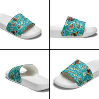 Hawaii Map with Plumeria Flower and Palaka Pattern Slide Sandals Tropical Island Teal Design