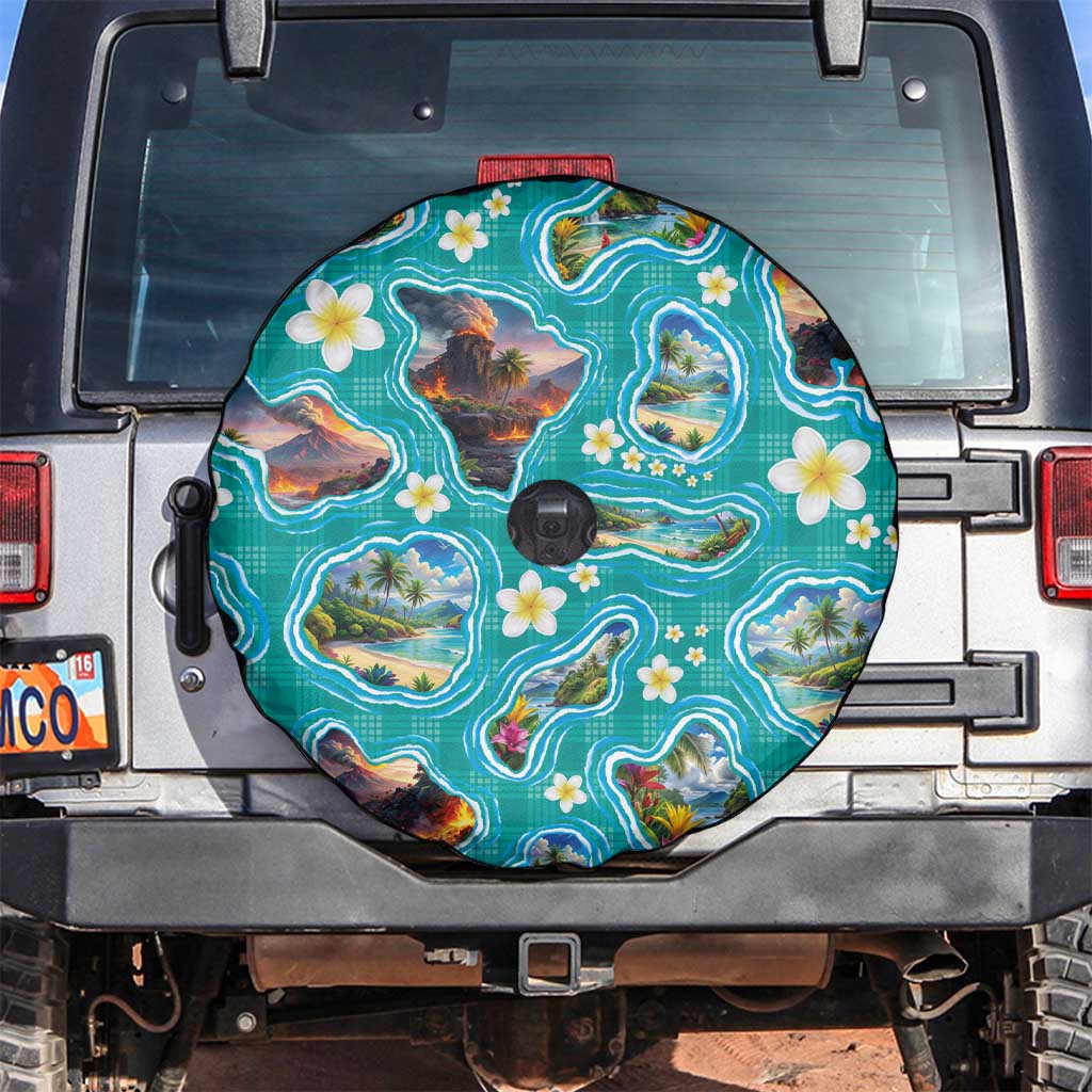 Hawaii Map with Plumeria Flower and Palaka Pattern Spare Tire Cover Tropical Island Teal Design