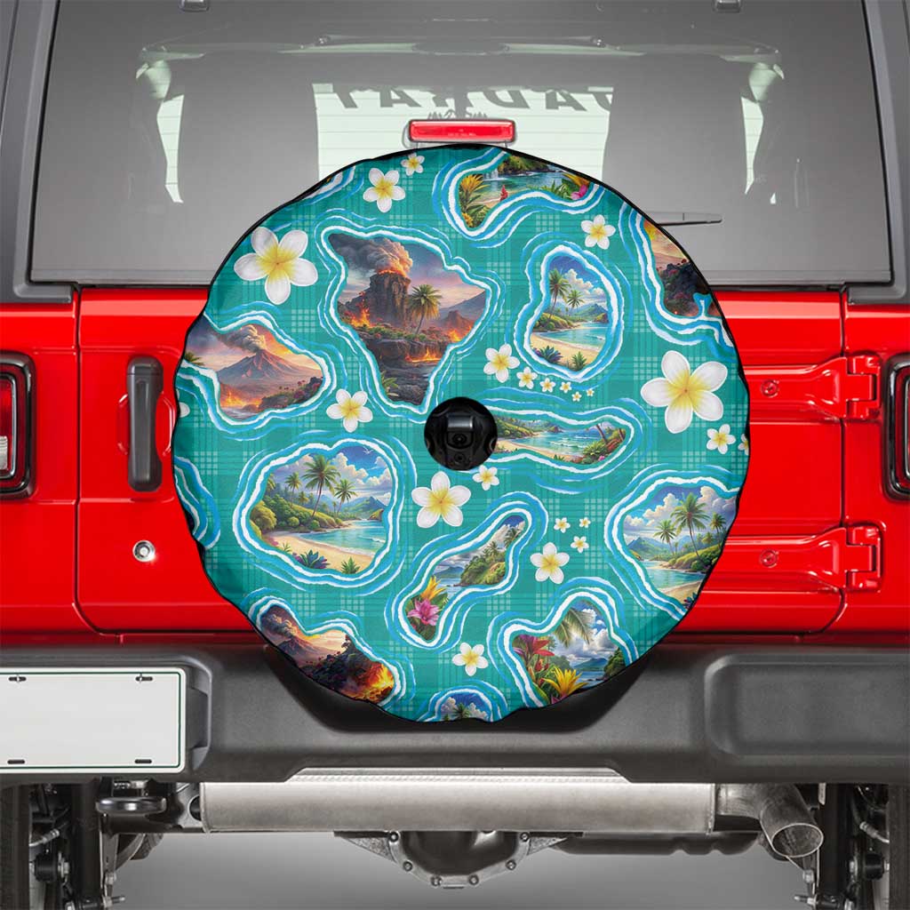 Hawaii Map with Plumeria Flower and Palaka Pattern Spare Tire Cover Tropical Island Teal Design